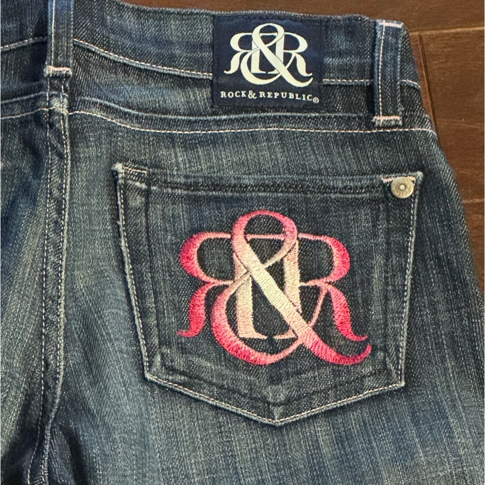 Rock & Republic Kasandra Straight Leg Jeans Ombre Pink Logo Stitching size 25